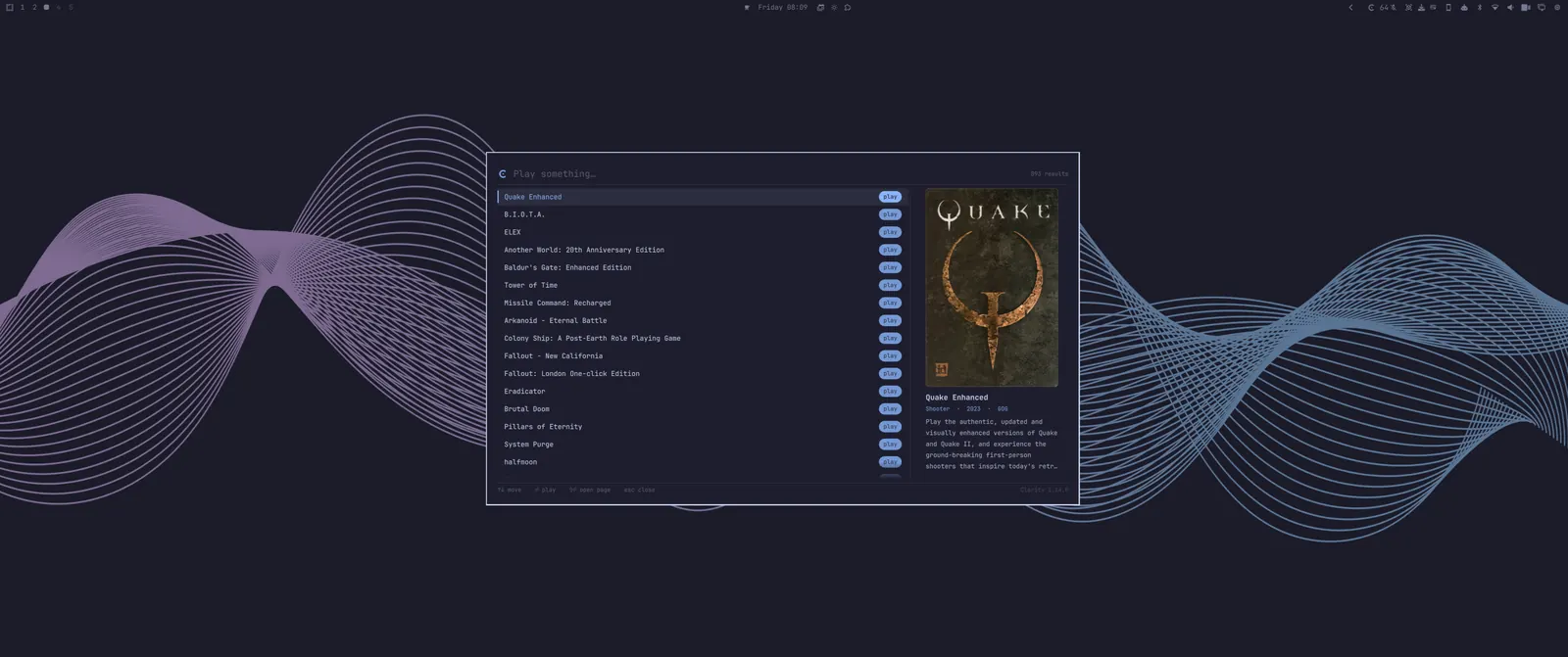 The launcher overlay open over the desktop, one keyboard shortcut away.