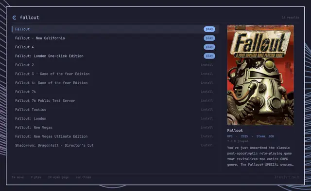 Searching the launcher, installed games first and the rest below.