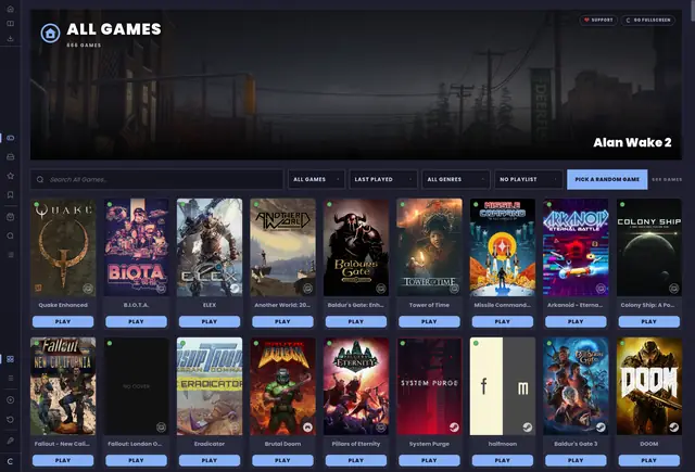 The library grid: every game you own, with a button under each one.