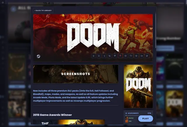A game page: key art, screenshots, description, and one play button.