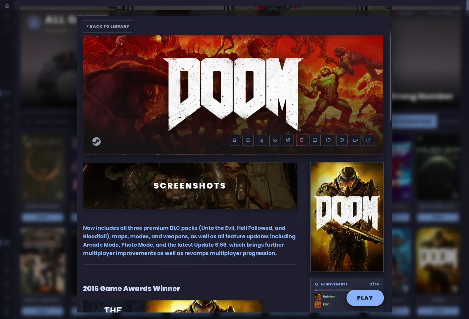A game page: key art, screenshots, description, and one play button.
