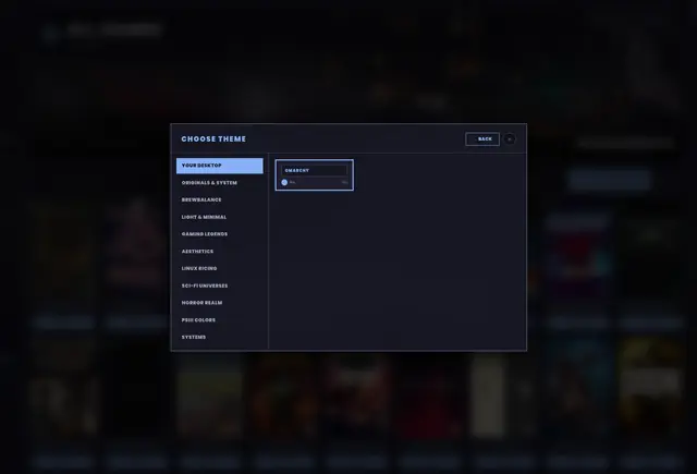 The theme picker, with Your Desktop at the top holding your Omarchy colours.