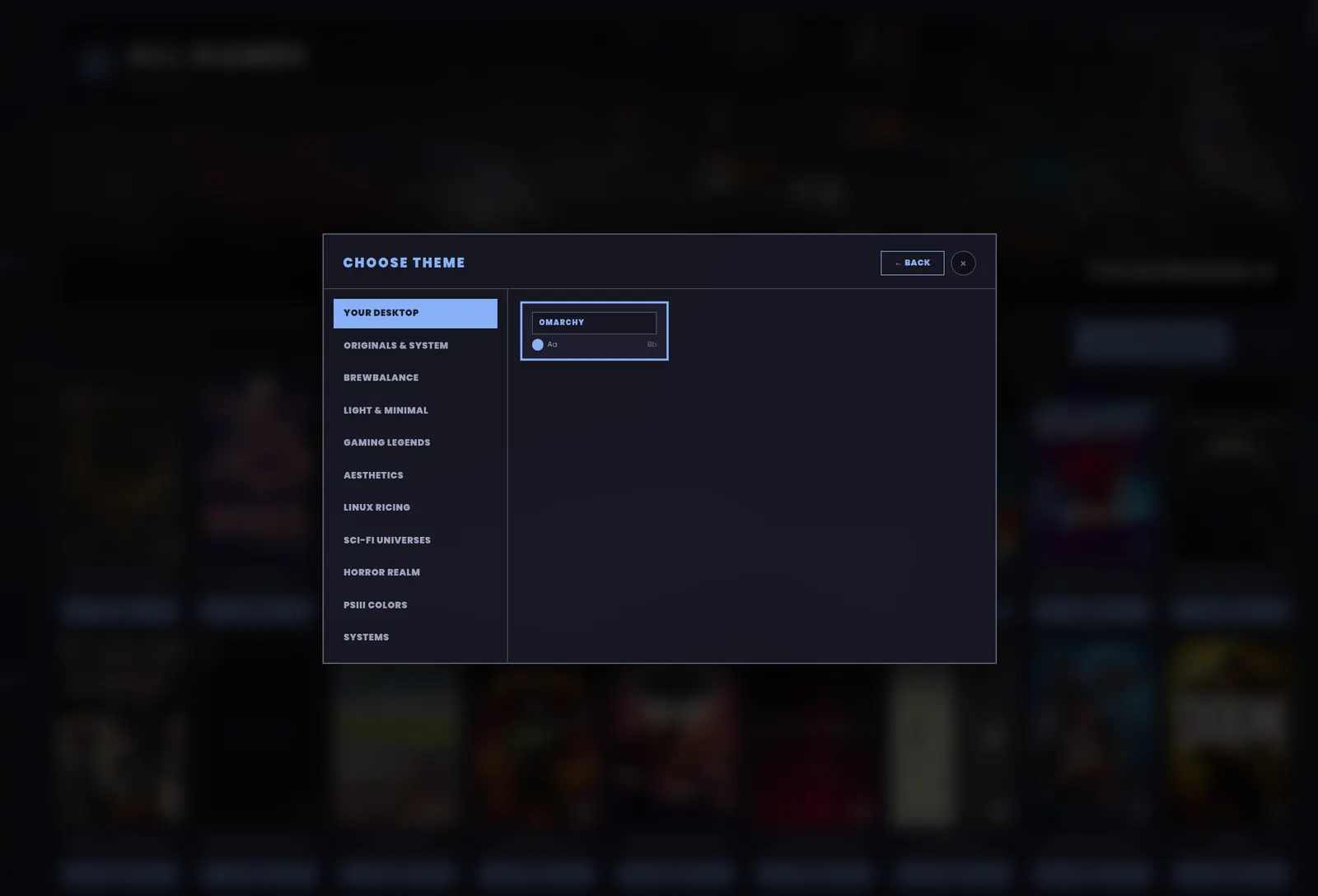 The theme picker, with Your Desktop at the top holding your Omarchy colours.