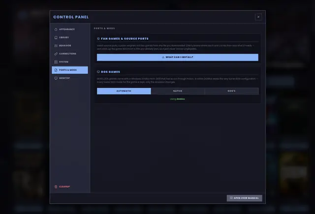 Ports and mods, sitting in the Control Panel with everything else.