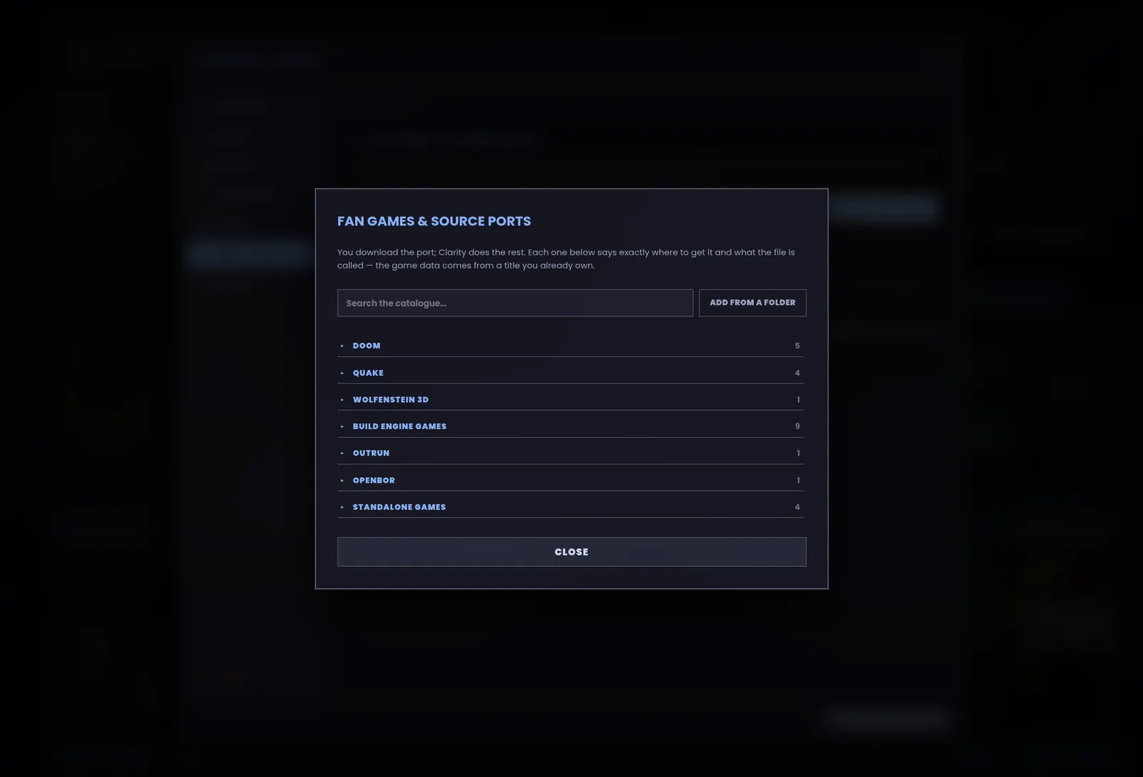 The source ports catalogue, grouped by the game it needs.