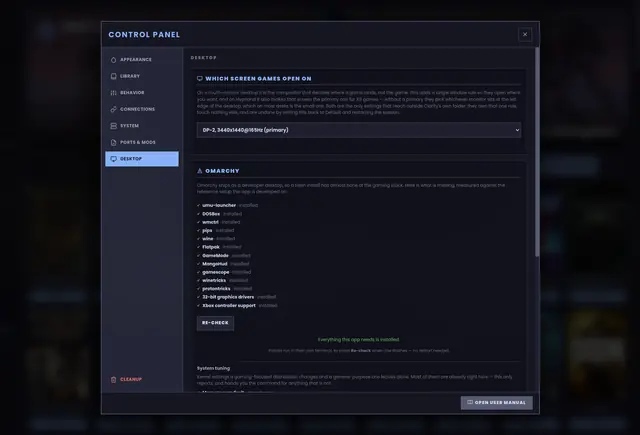 The Omarchy section: what is installed, what is missing, and the command to fix it.