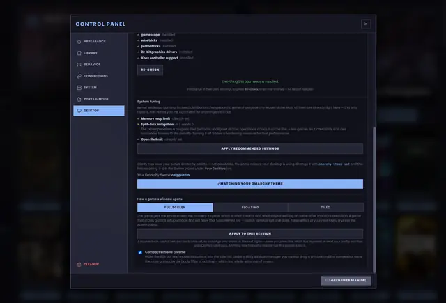 Matching your Omarchy theme, and choosing how a game's window opens.