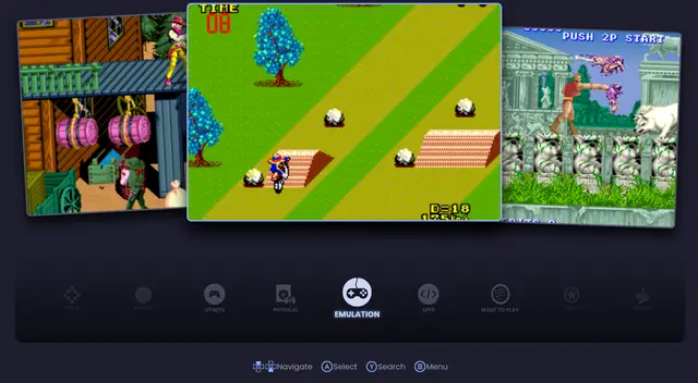 Emulation on the couch, browsed like any other shelf.