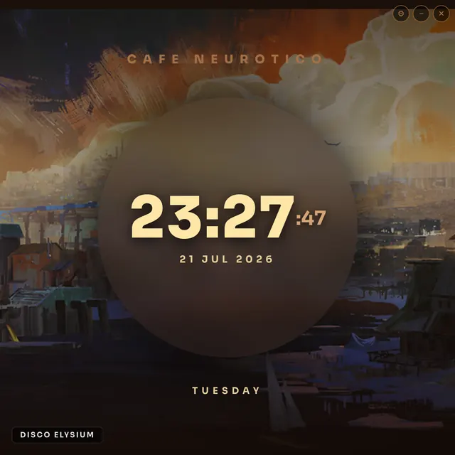 Couch Mode Splash mode: a large frosted-glass circle over blurred Disco Elysium art, framing the time, date and day