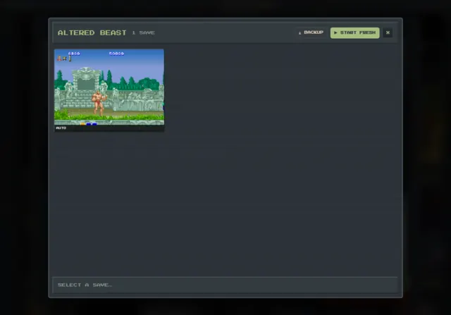 The save states for Altered Beast, showing one labelled save with its in-game screenshot